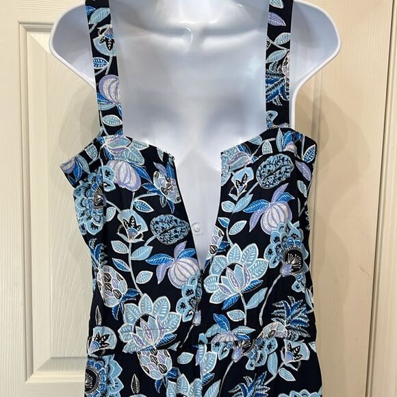 Loft Pant Jumpsuit Sz 6 Black Blue Square Neck Sleeveless Floral Pineapple Rayon - Picture 8 of 11